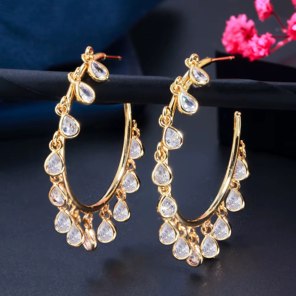 Chic Gold Color Rainbow CZ Big Circle round Dangle Tassel Drop Charms Hoop Earrings for Women 2021 Boho Jewelry CZ818