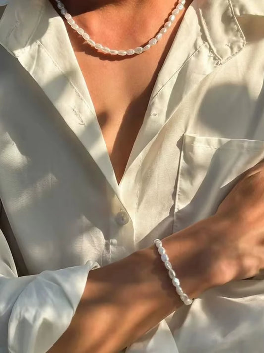 Boho Handmade Imitation-Pearl Chain Necklace Bracelet for Men Trendy Vintage Clavicle Chain on Neck Jewelry Set New Steampunk