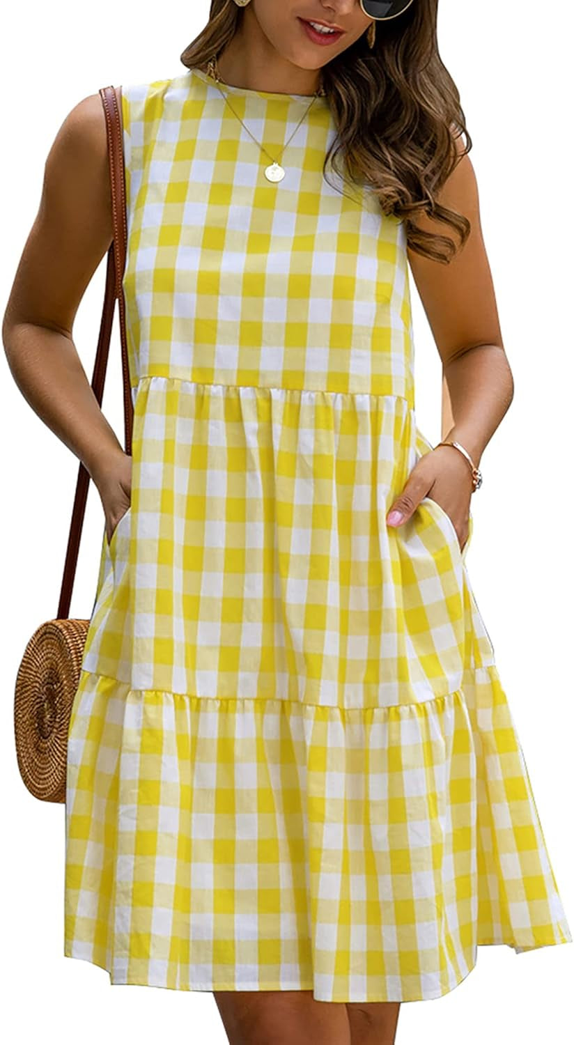 Yellow Plaid Sleeveless Dress for Women Ruffle Loose Swing T Shirt Mini Dress with Pockets XXL