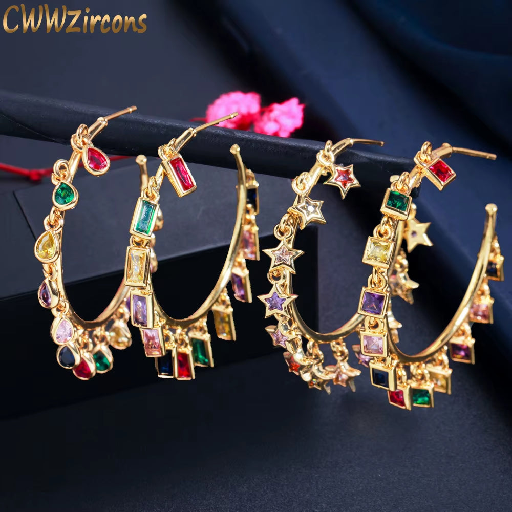 Chic Gold Color Rainbow CZ Big Circle round Dangle Tassel Drop Charms Hoop Earrings for Women 2021 Boho Jewelry CZ818