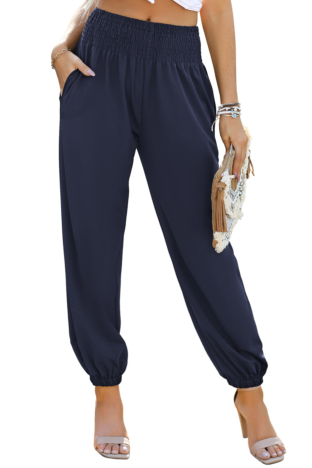 Navy Blue Shirred Smocked High Waist Joggers