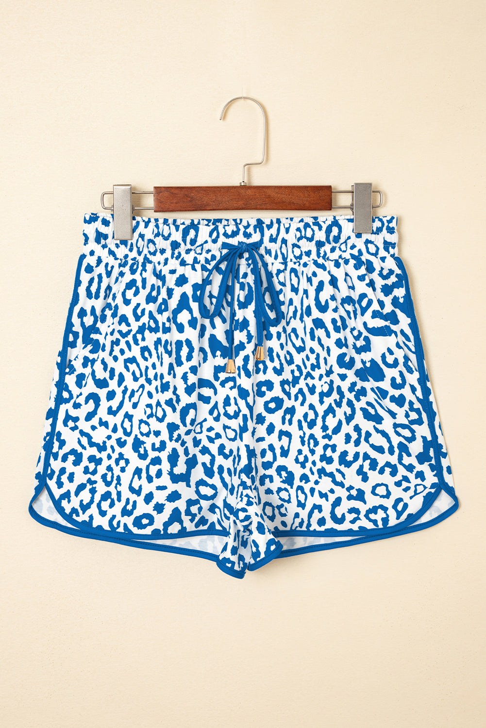 Blue Leopard Elastic Waist Lace up Contrast Trim Casual Shorts