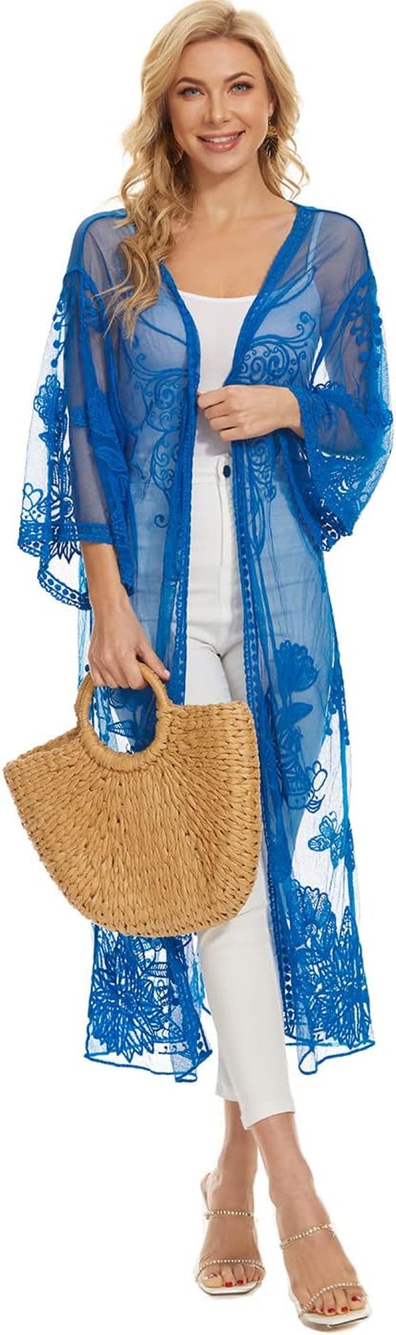 Bikini Cover up Women Boho Beach Wears Summer Long Lace Duster Chemise Kimono Blue 210126