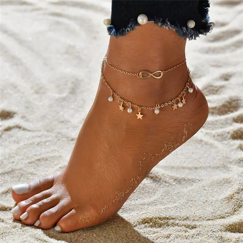 Boho Double Layer Anklets for Women Pearl Streaming Pendant Foot Chains 8 Shape Beach Bracelet Anklets Solar System Bracelet