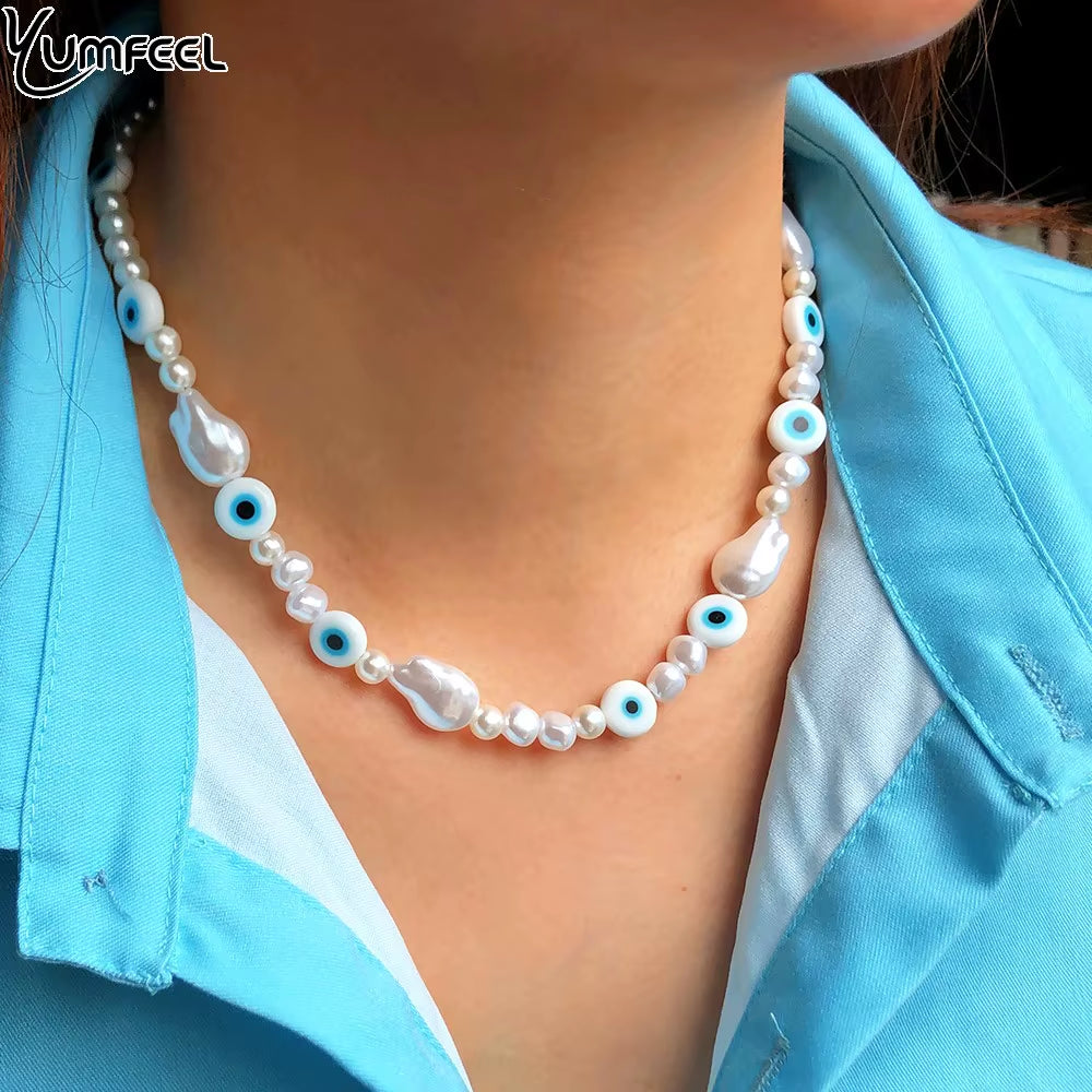 4 Colors Choice Boho Murano Glass Evil Eye Beads Necklace Handmade Turkish Evil Eye Baroque Pearl Chokers Women Jewelry