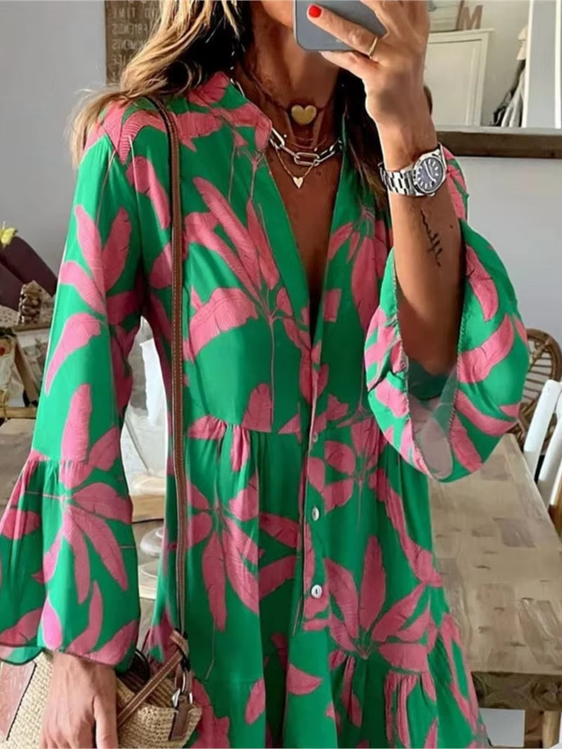 Autumn Boho Vacation Shirt Dresses for Women Sexy V-Neck Flare Sleeve Elegant Ruffles Print Dress Spring Casual Loose Dress