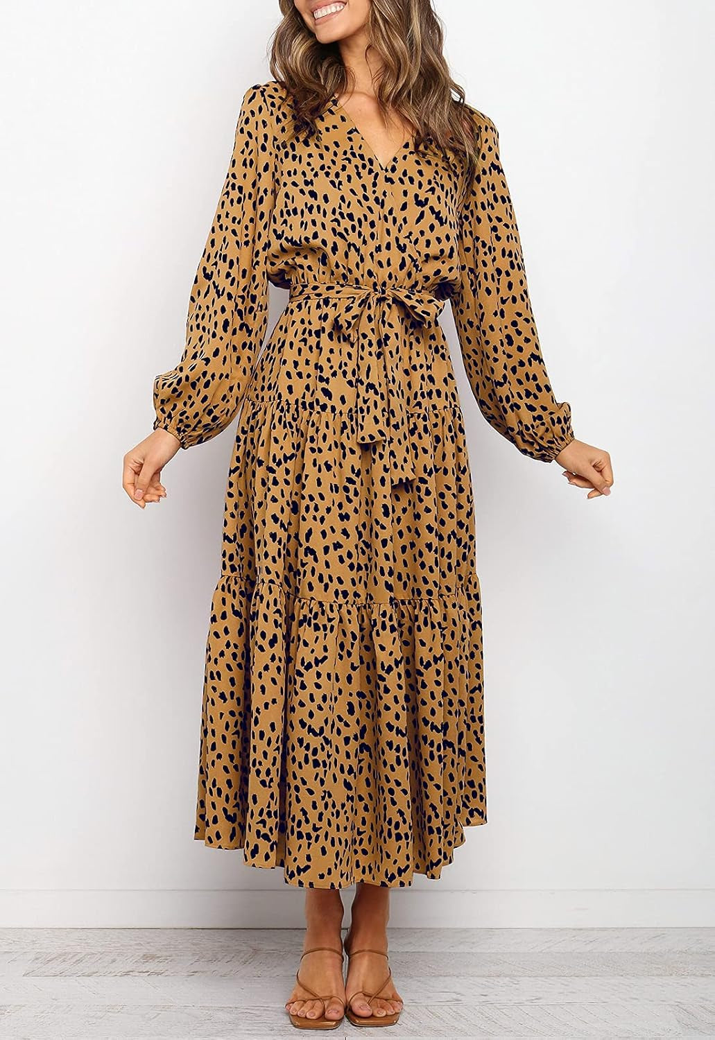 Women'S Boho Leopard Print Ruffle Long Sleeve V Neck Casual Flowy Party Maxi Dress