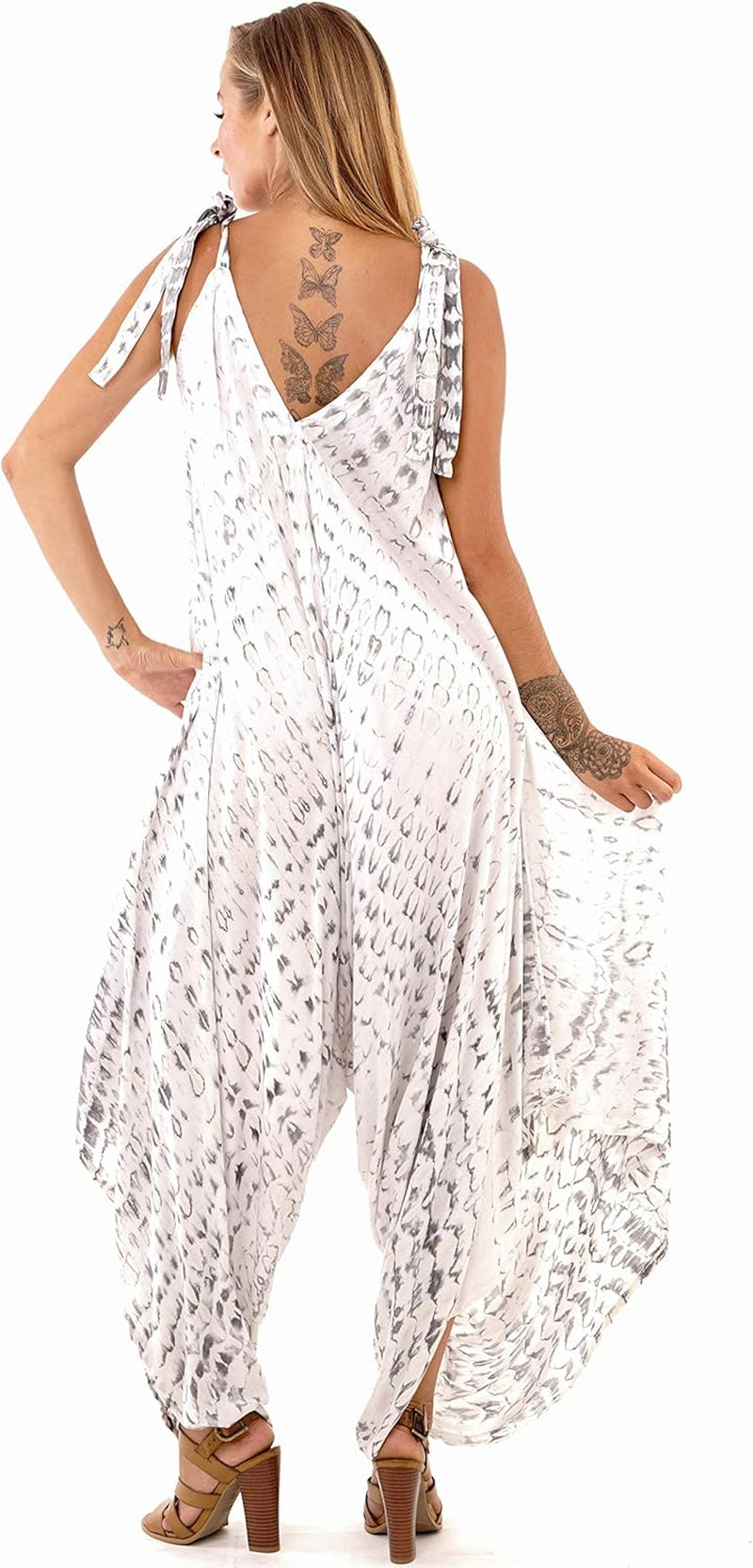 Womens Boho Harem Jumpsuit Casual Sleeveless One Piece Romper Wide Leg Loose Fit Tie Dye