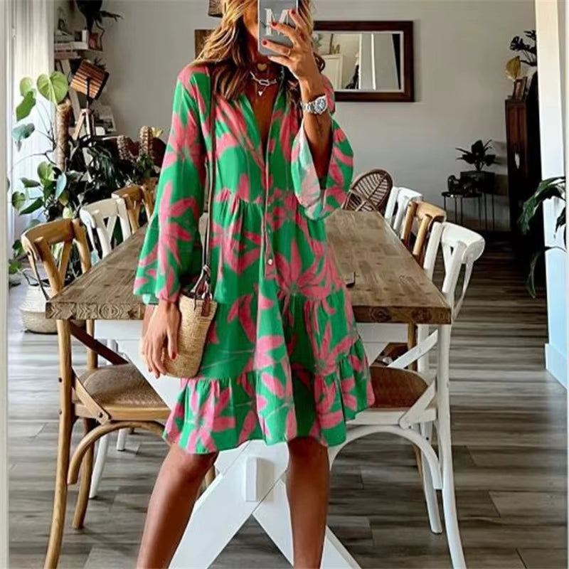 Autumn Boho Vacation Shirt Dresses for Women Sexy V-Neck Flare Sleeve Elegant Ruffles Print Dress Spring Casual Loose Dress
