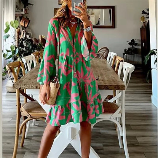 Autumn Boho Vacation Shirt Dresses for Women Sexy V-Neck Flare Sleeve Elegant Ruffles Print Dress Spring Casual Loose Dress