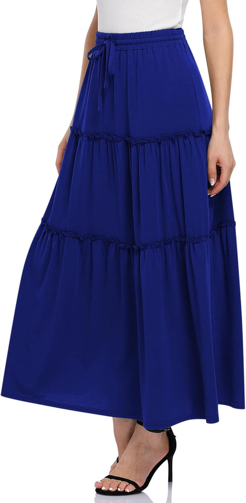 Womens High Waisted Long Skirts a Line Boho Ruffle Flowy Tiered Pleated Maxi Skirt with Pockets