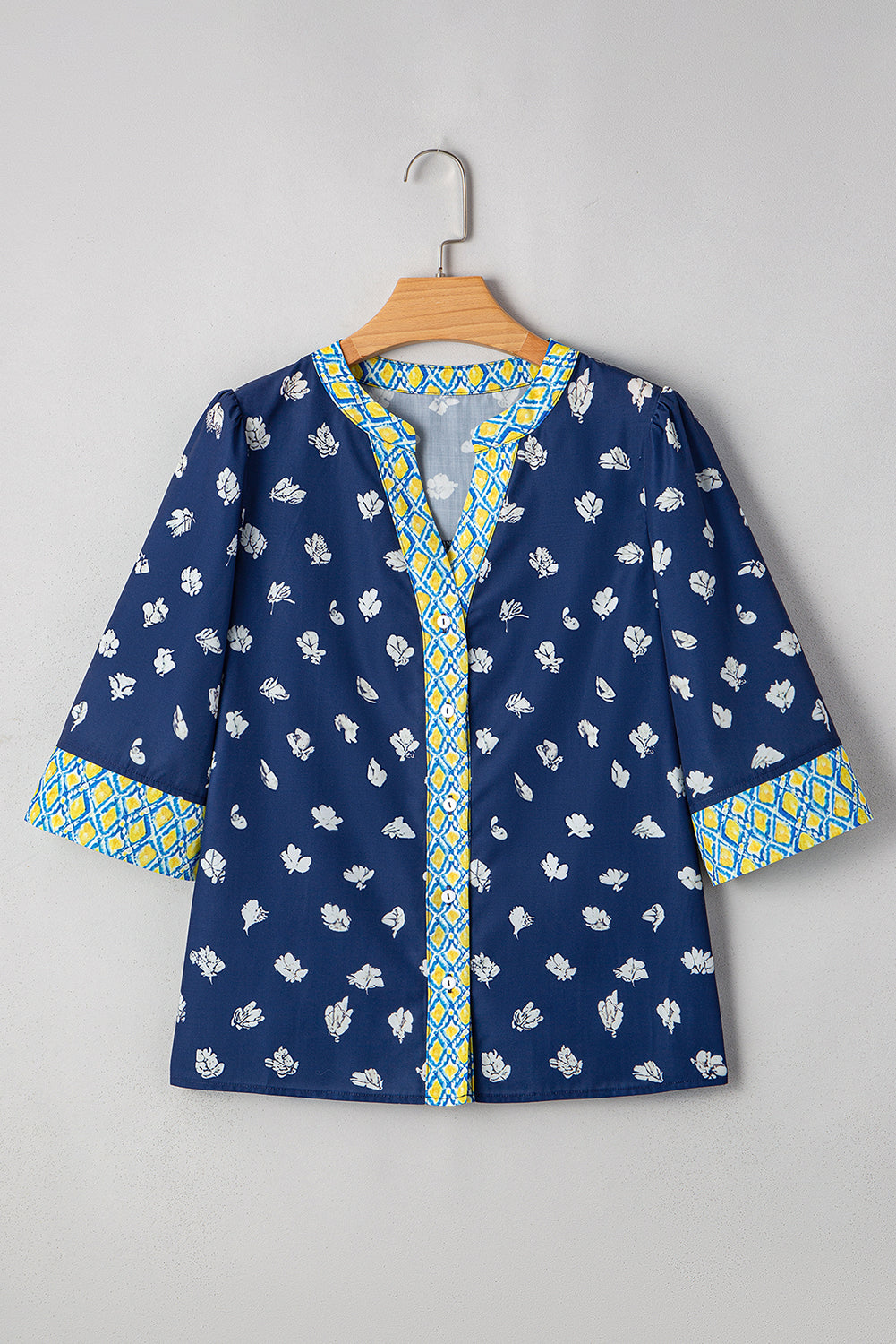 Blue Floral Print Pop of Color V Neck Patchwork Blouse