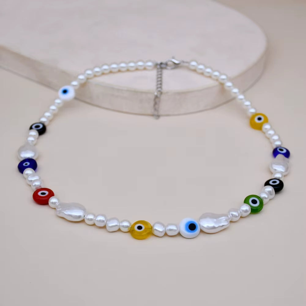 4 Colors Choice Boho Murano Glass Evil Eye Beads Necklace Handmade Turkish Evil Eye Baroque Pearl Chokers Women Jewelry