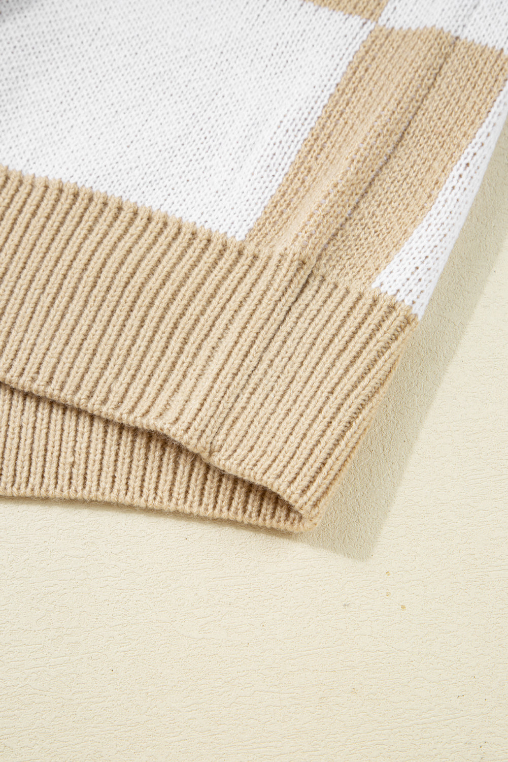 Light French Beige Checkered V-Neck Collared Pullover Sweater