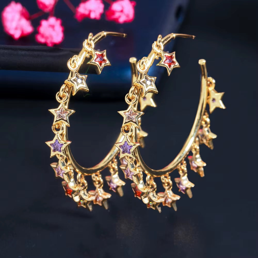 Chic Gold Color Rainbow CZ Big Circle round Dangle Tassel Drop Charms Hoop Earrings for Women 2021 Boho Jewelry CZ818