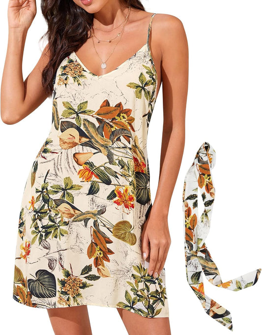 Women Sexy Vneck Beach Dress Spaghetti Mini Dress Backless Tropical Floral Printed Dress Summer Sundress with Belt Beige