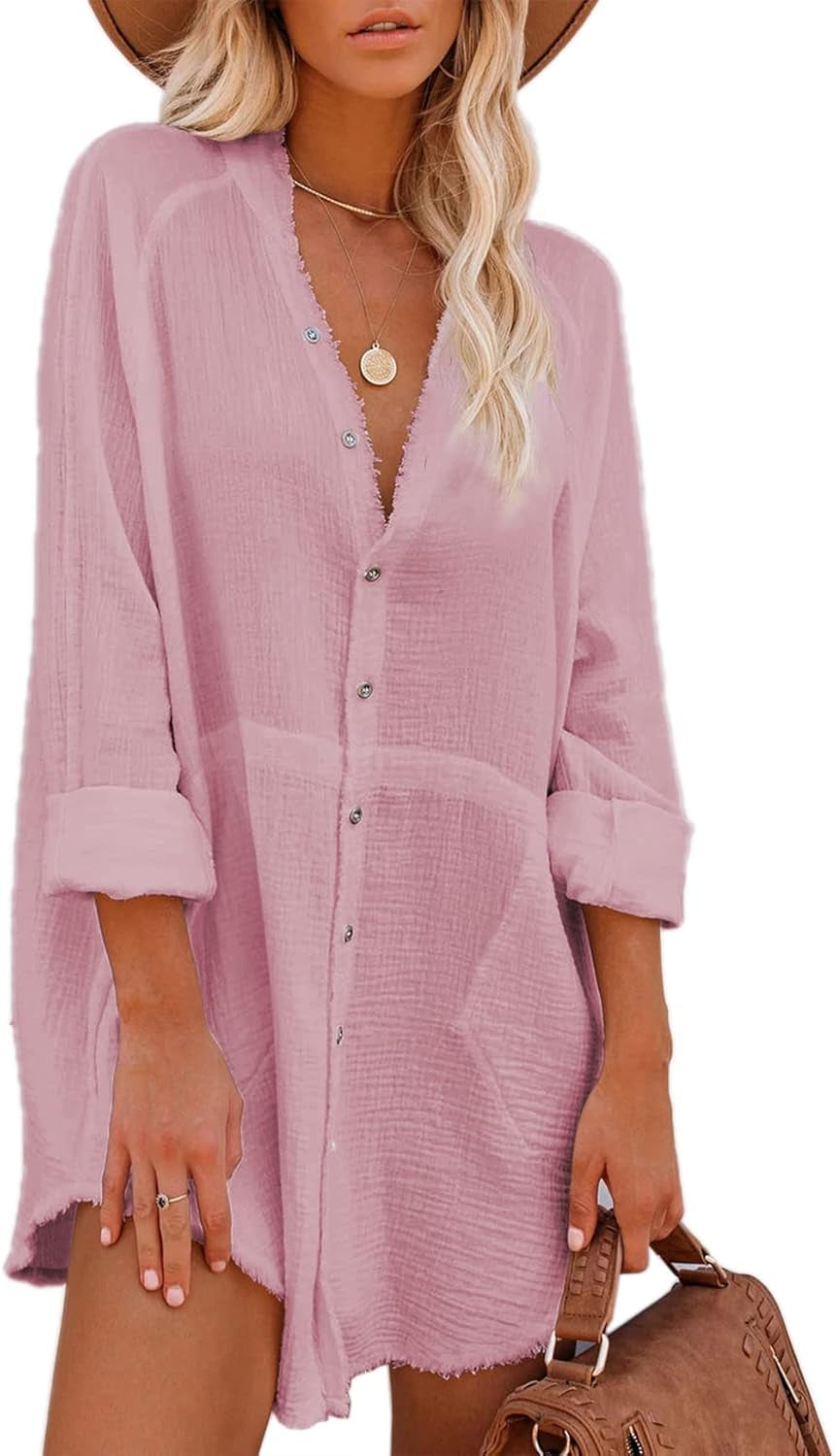 Women'S Long Sleeve Beach Cover-Ups Button down Oversized Tunic Dress Shirt Boho Dresses with Pockets