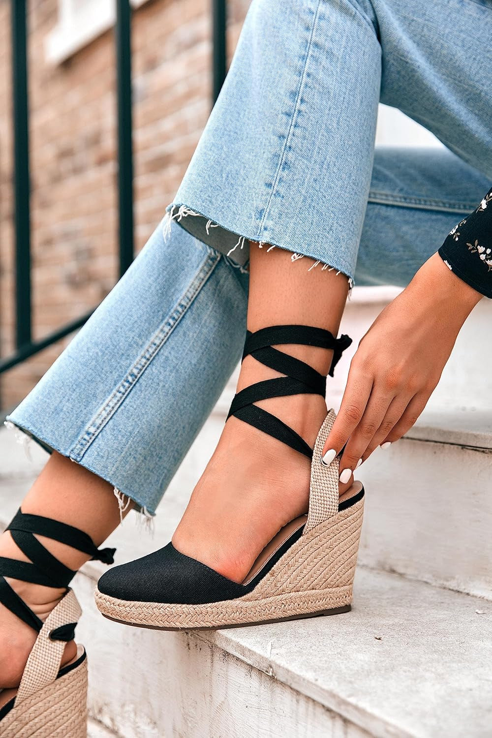 Womens Espadrilles Wedge Sandals Platform Closed Toe Ankle Strap Lace up Summer Shoes