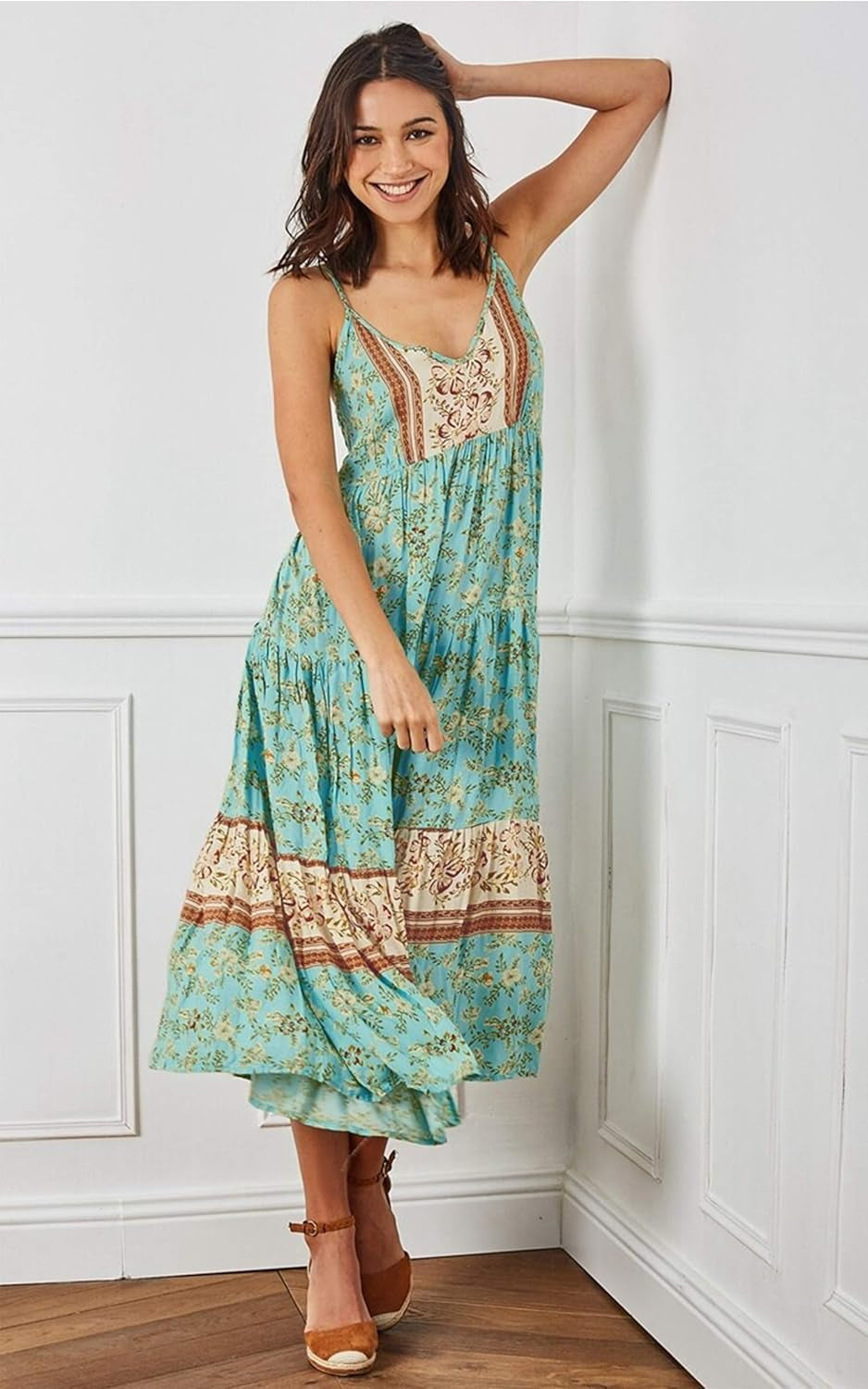 Women'S Dresses Floral Adjustable Spaghetti Strap V Neck Boho Long Maxi Dress Summer Beach Flowy Ethnic Sundress