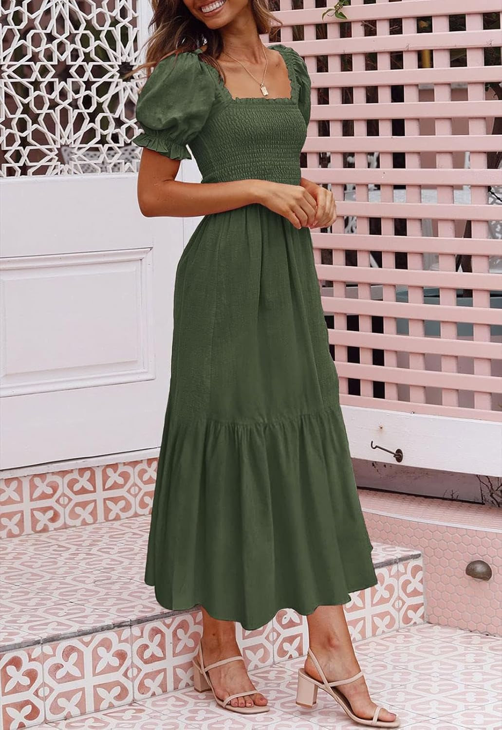 Women'S 2025 Summer Boho Floral Print Square Neck Ruffle Swing Beach Long Maxi Dress