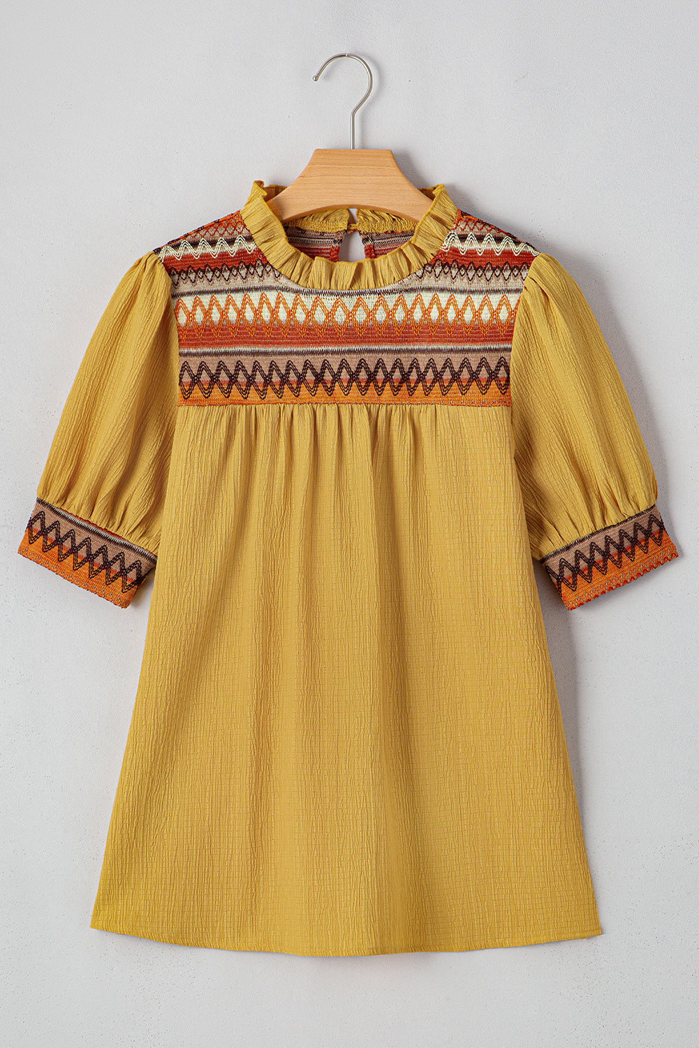 Mustard Geometric Short Puff Sleeve Frill Neck Blouse