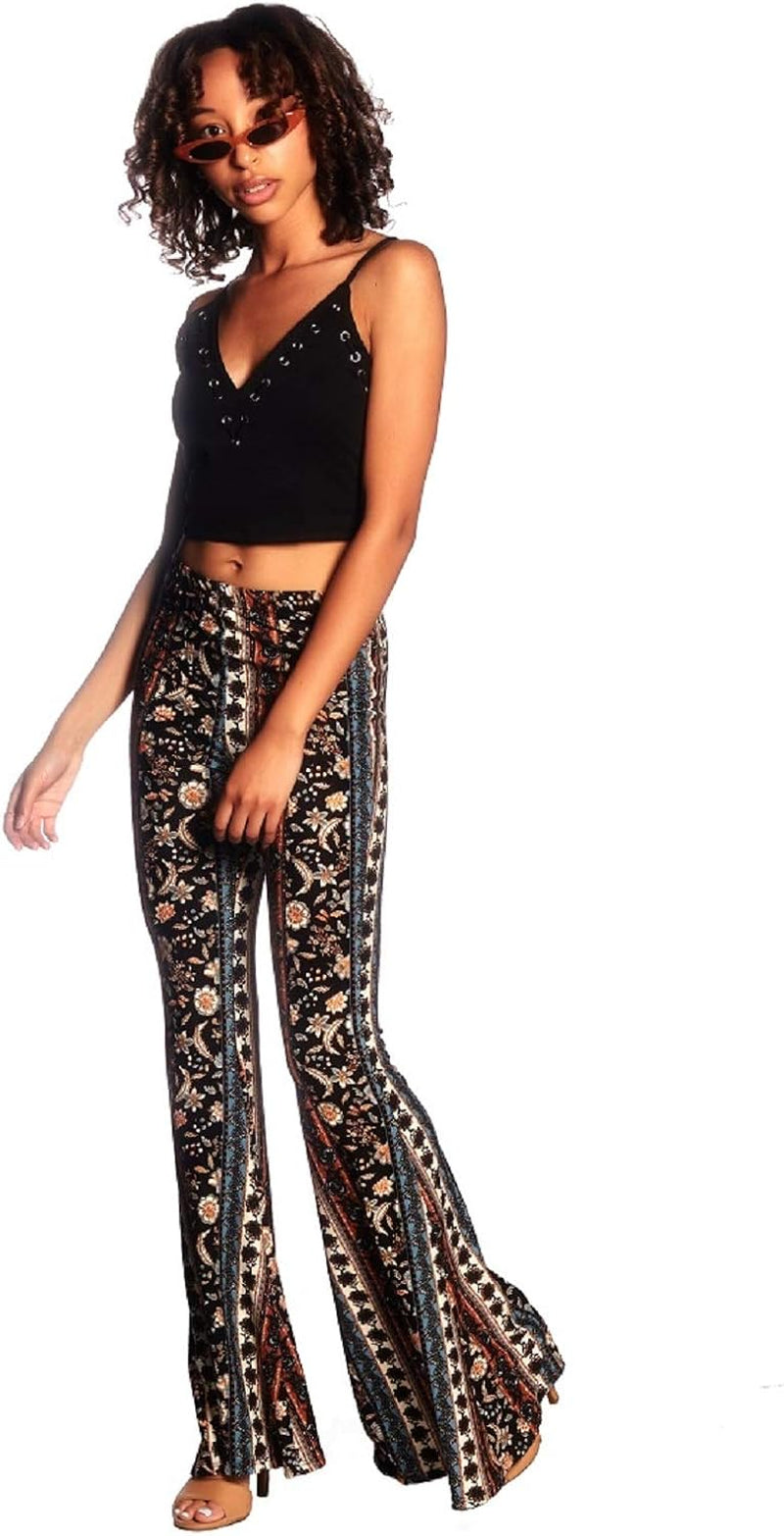 Boho Flare Pants, Elastic Waist, Wide Leg Pants for Women, Solid & Printed, Stretchy and Soft