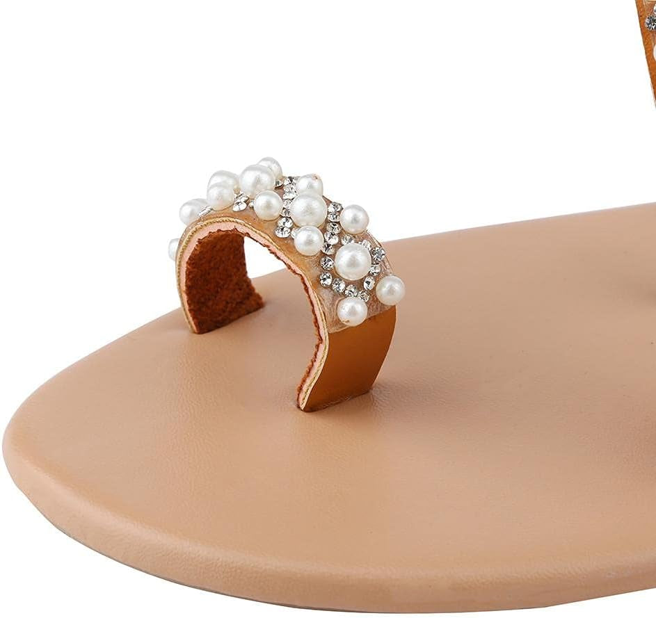 Boho Flat Sandals for Women,Rhinestones Pearl Design Toe Ring Jeweled Sandals Slip on Casual Beach Shoes for Wedding Bride Bridesmaid Ladies