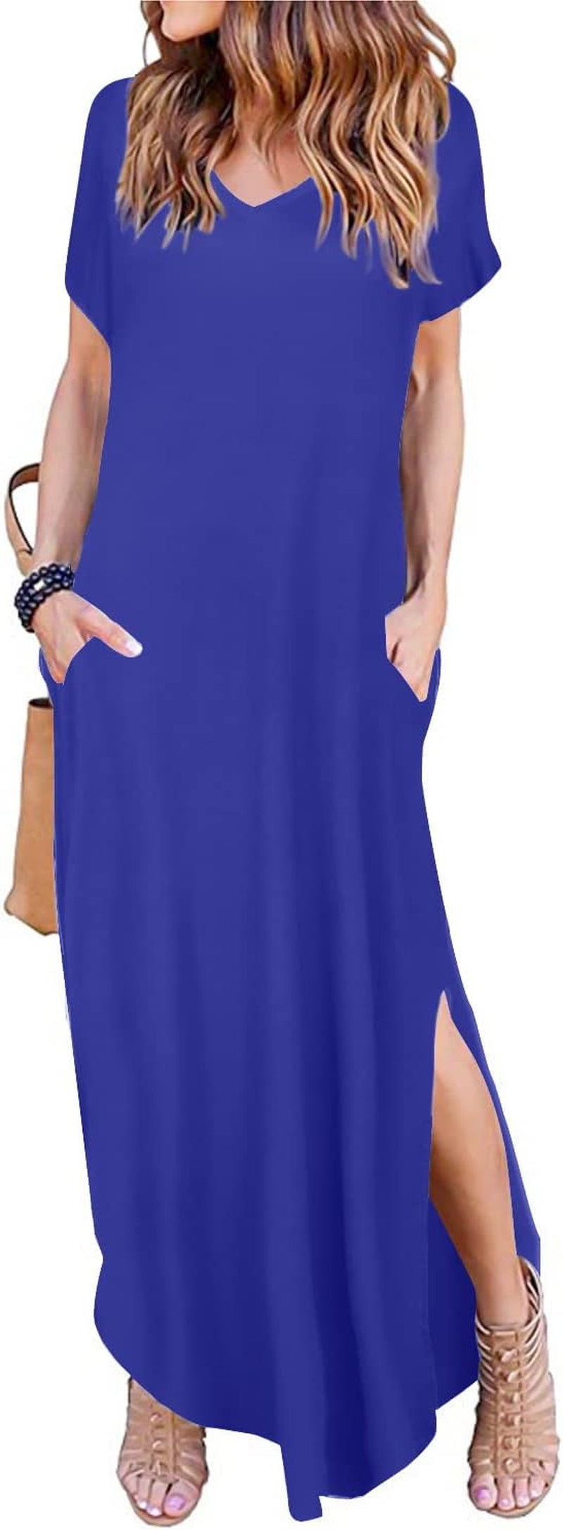 Women'S Summer Maxi Dress Short Sleeve V Neck Casual Loose Long Beach Split Dresses with Pockets