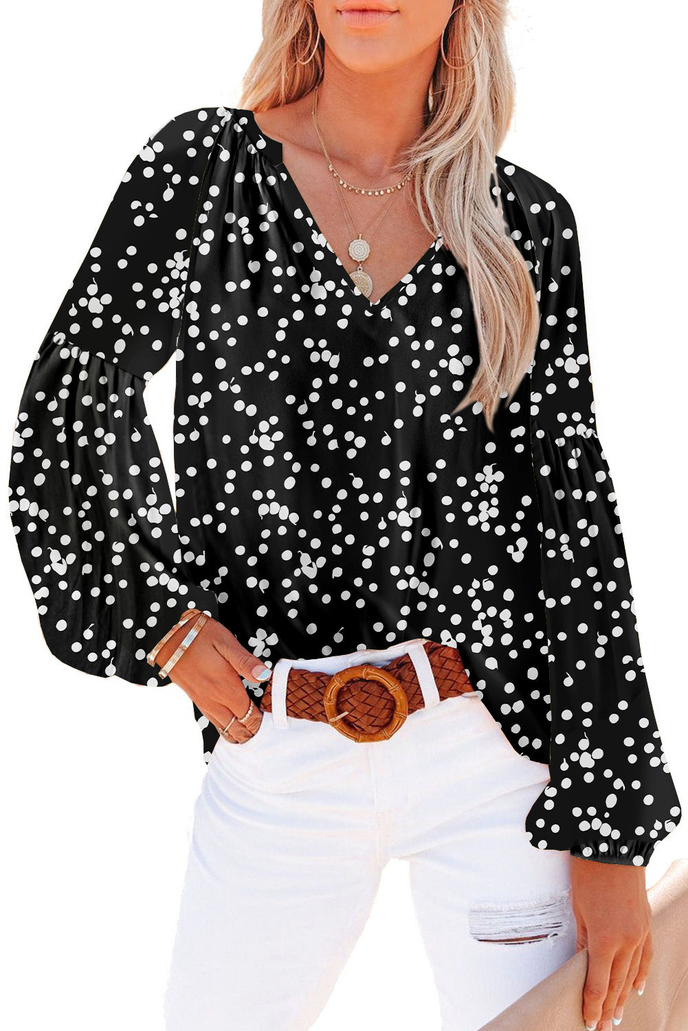 Black Boho Floral Print V Neck Long Sleeve Blouse
