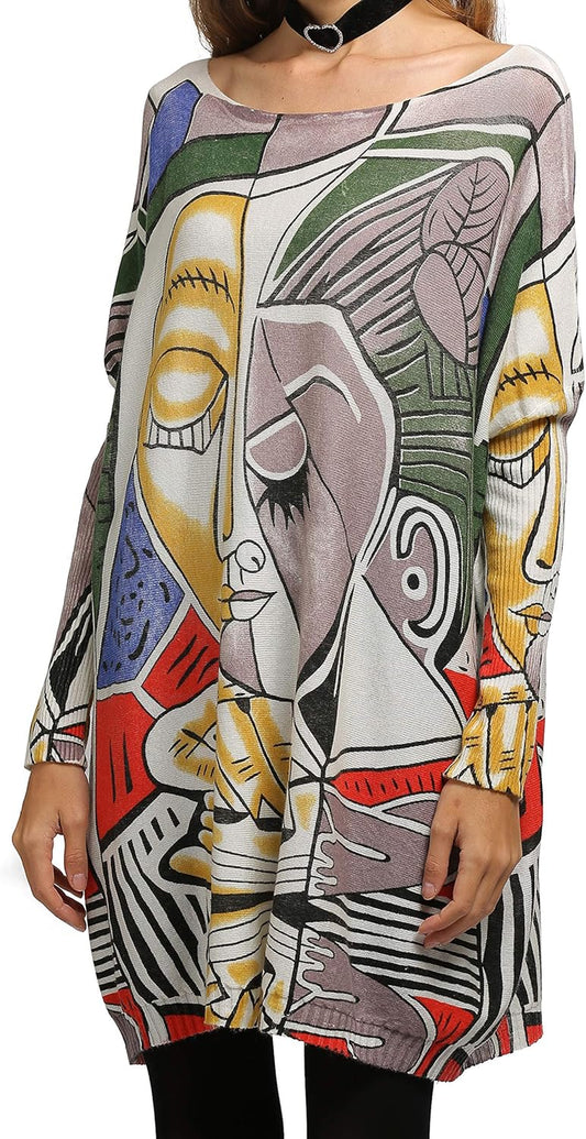 Women Fall Long Sleeve Crewneck Loose Casual Boho Graphic plus Size Hippie Artsy Sweater Sweatshirts DH09 White