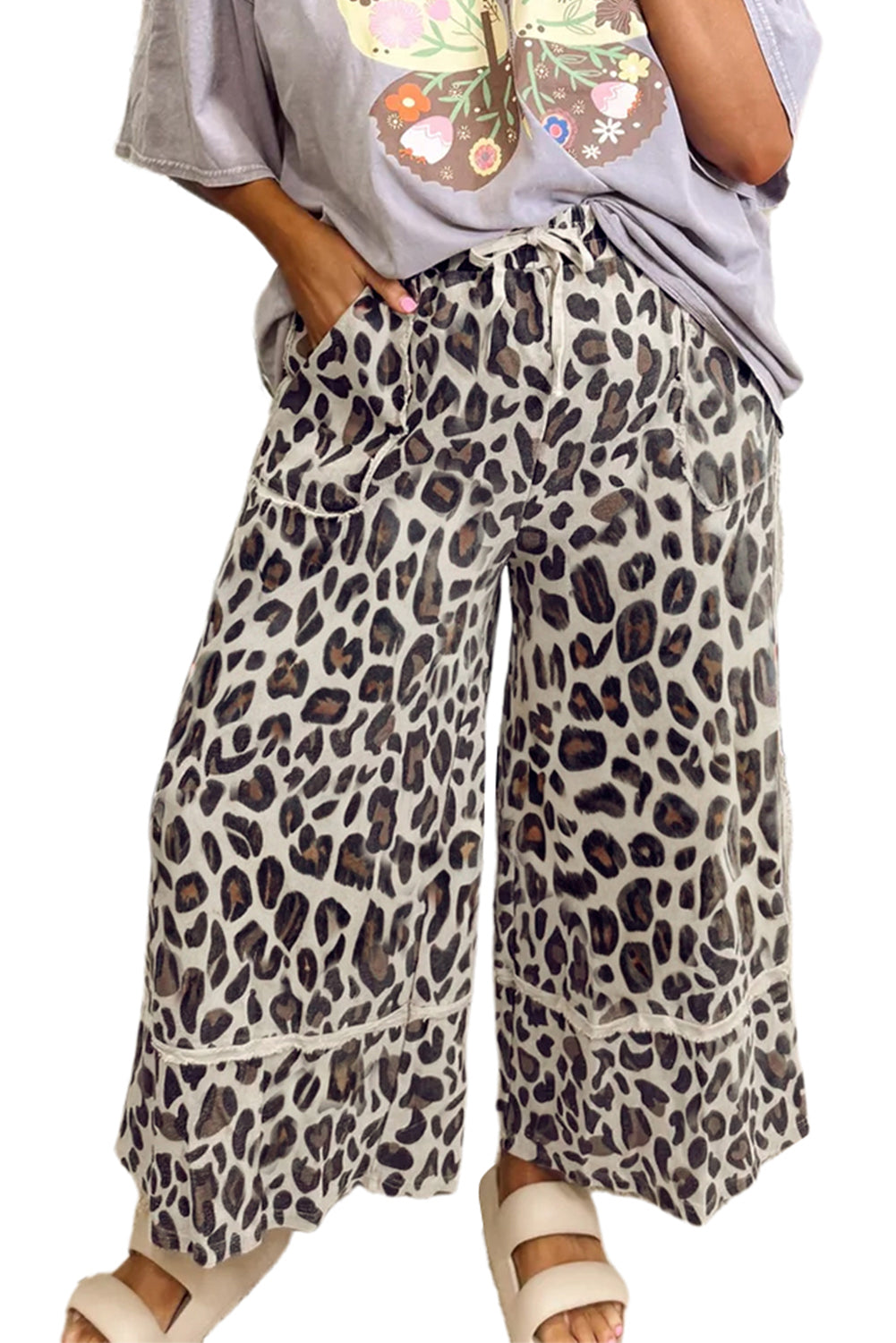 Khaki Leopard Drawstring Wide Leg Cropped Pants