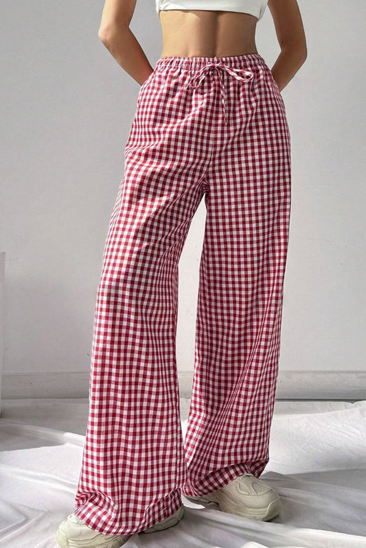 Red Plaid Knot Waist Pocket Casual Pants