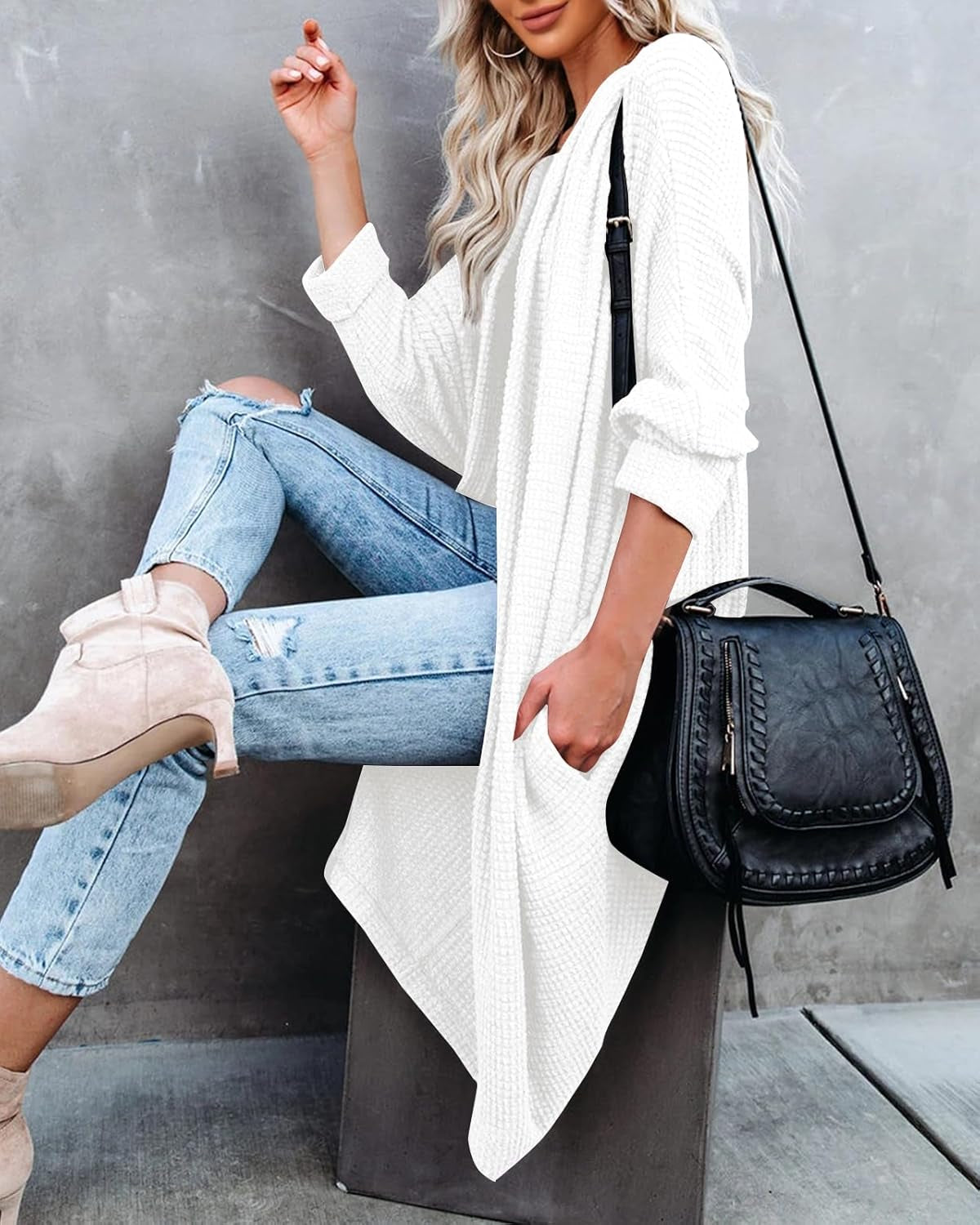 Womens Open Front Knit Cardigan Long Batwing Sleeve Oversized Sweater Chunky Waffle Cable Boho Pockets Coat