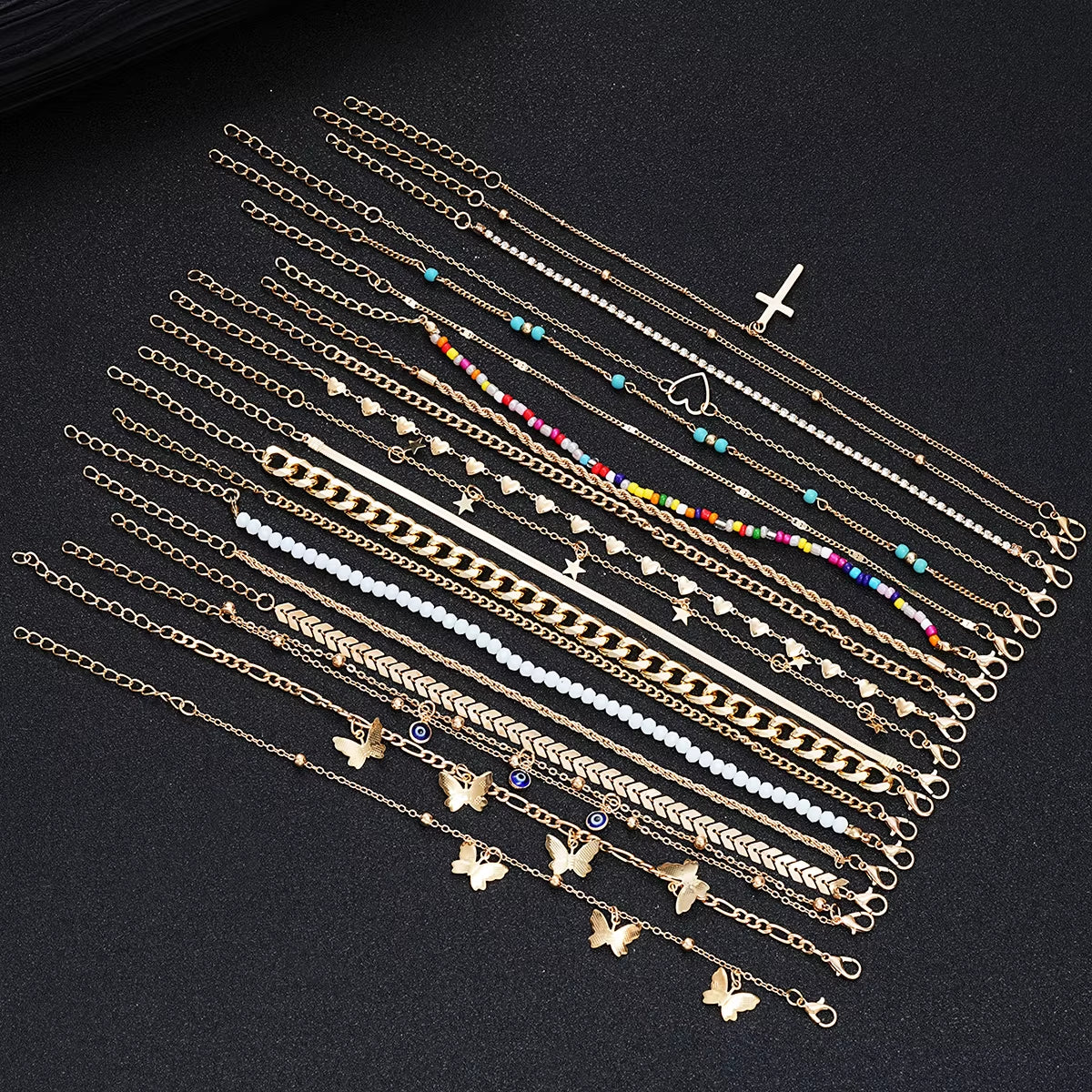 22 Pcs Minimalist Love Butterfly Shell Rhinestone Bead Anklet Set for Women Summer Beach Boho Anklets Fashion Jewelry Gifts 2024