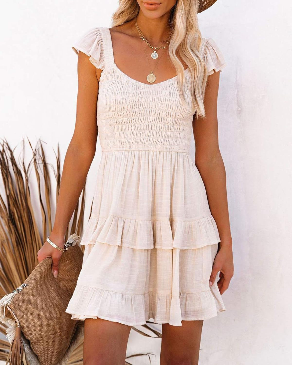 Women'S Casual Summer Mini Dress Smocked Ruffles Sun Beach Babydoll Dress Layered Flowy Swing Dresses