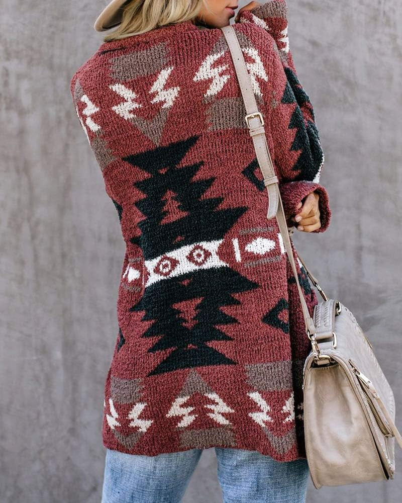 Women Boho Cardigan Aztec Open Front Loose Slouchy Sweaters Tribal Long Sleeve Knitted Christmas Jacket Coat