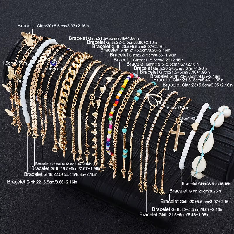 22 Pcs Minimalist Love Butterfly Shell Rhinestone Bead Anklet Set for Women Summer Beach Boho Anklets Fashion Jewelry Gifts 2024