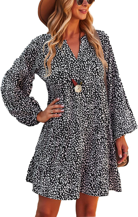 Women'S Casual Tunic Dress Long Sleeve Boho Polka Dot Swing Ruffle Mini Dress S-3XL