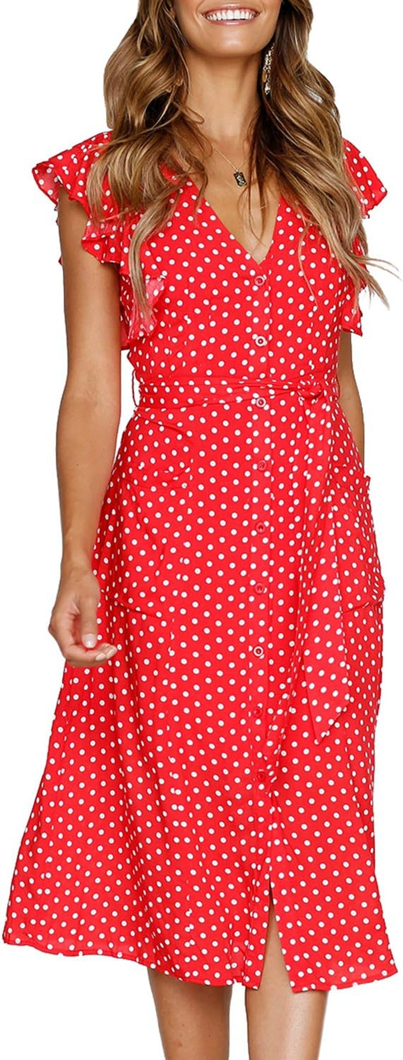 Women'S Boho Polka Dot Flutter Short Sleeve V Neck Button down Swing Midi Dress with Pockets