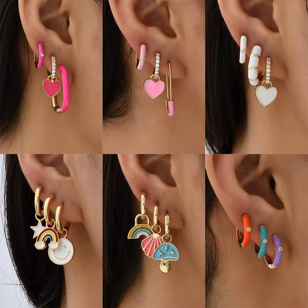 Boho Multicolor round Piercing Huggie Earrings Set for Women Girls Cute Heart Star Pendant Hoop Earring Jewelry