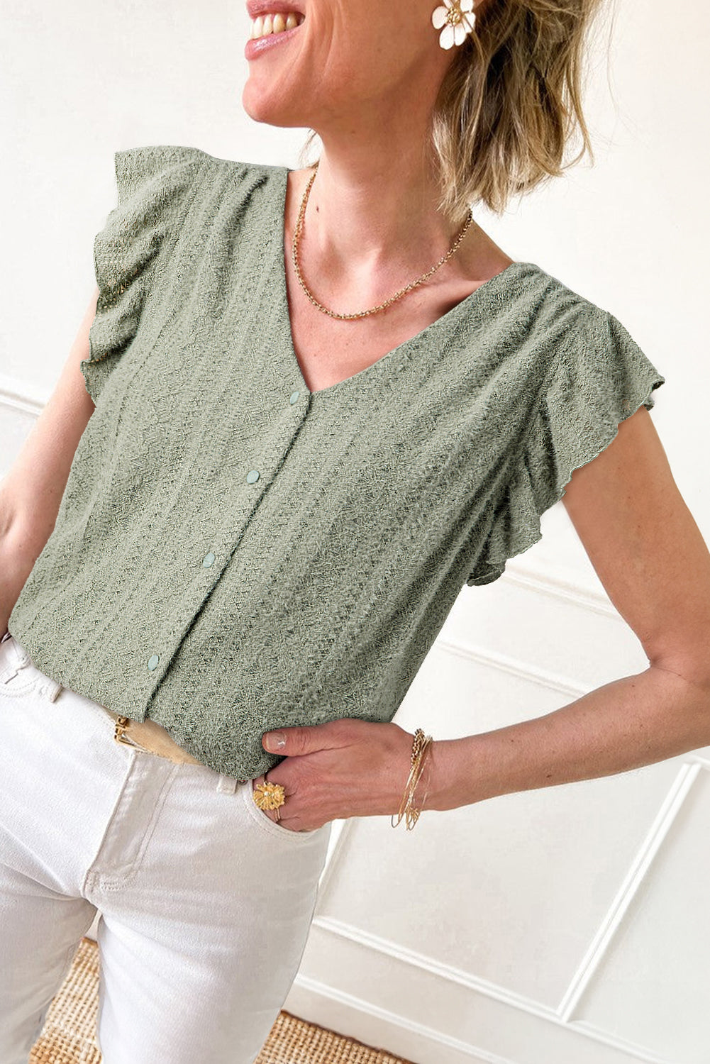 Laurel Green Flutter Sleeve V Neck Shirt