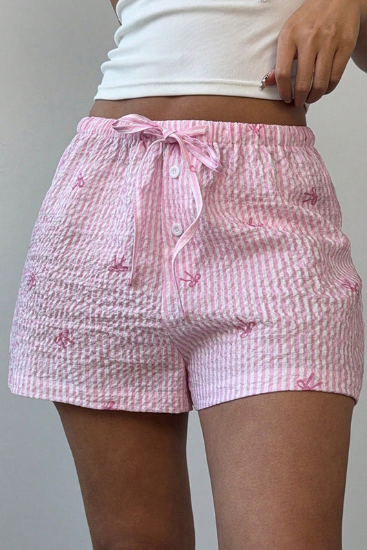 Pink Stripe Bow Print Tie Waist Shorts