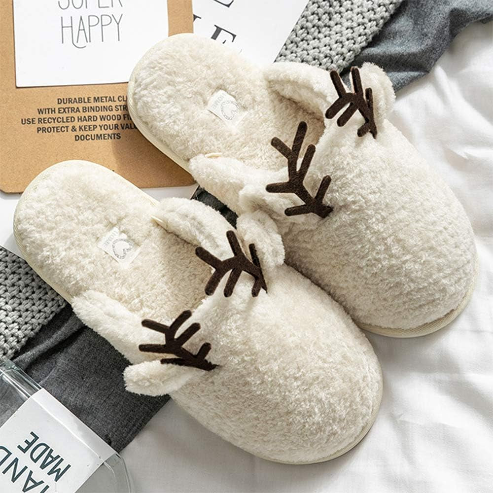 Women'S Cozy Fuzzy Fleece Slippers Memory Foam House Shoes Slide on Reindeer anti Slip Bedroom Slippers Indoor Outdoor