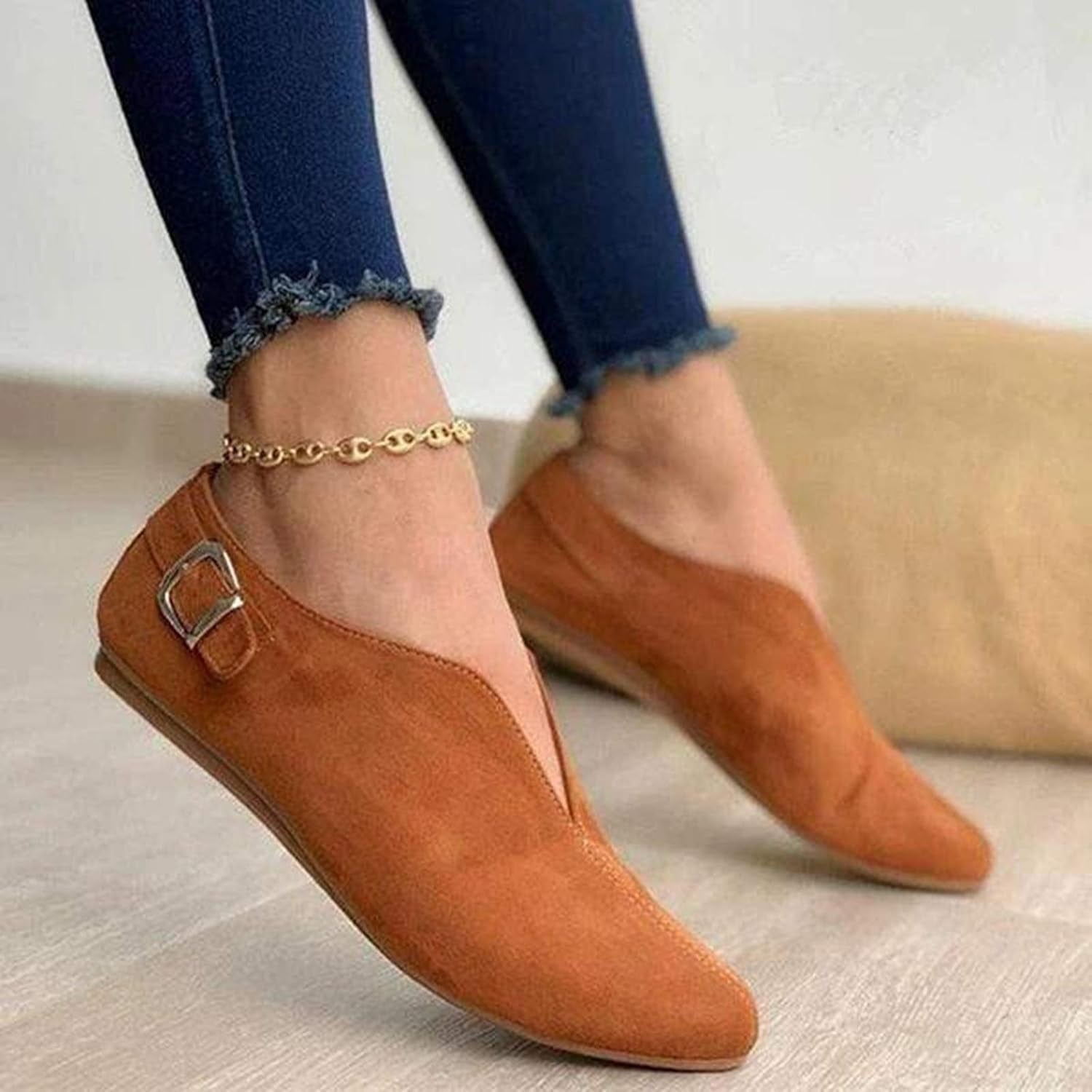 Women Pointed Toe Flats Comfy Suede Flat Shoes Solid Classic Soft Ballet Flat Slip-On Loafer Casual Daily Wear Brown