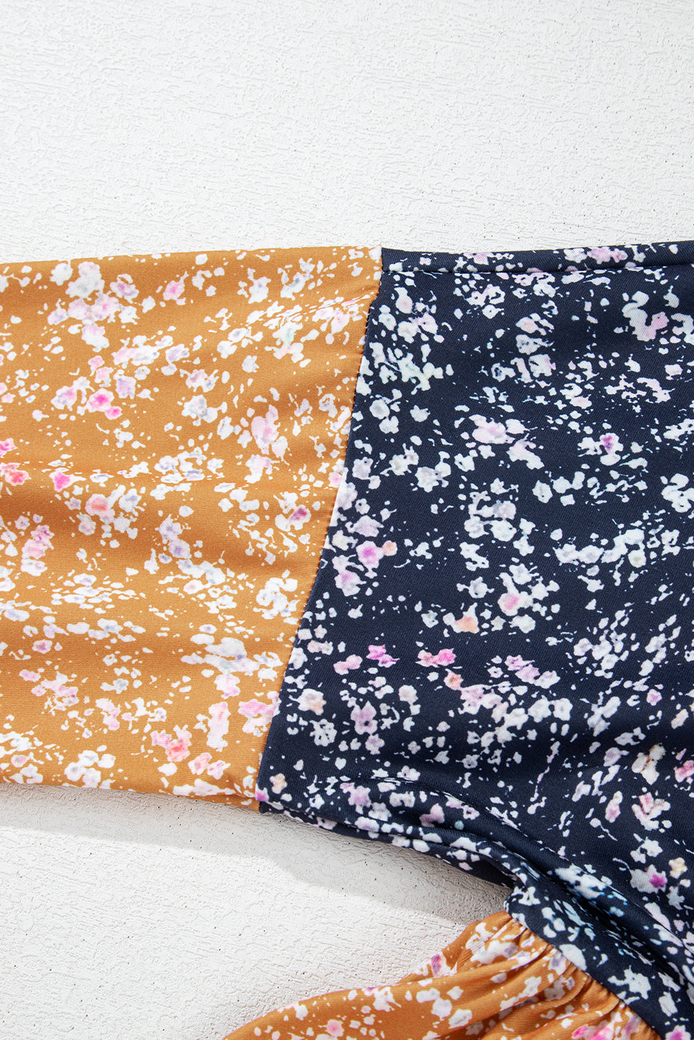 Blue Ditsy Floral Color Block Ruffle Hem Long Sleeve Top