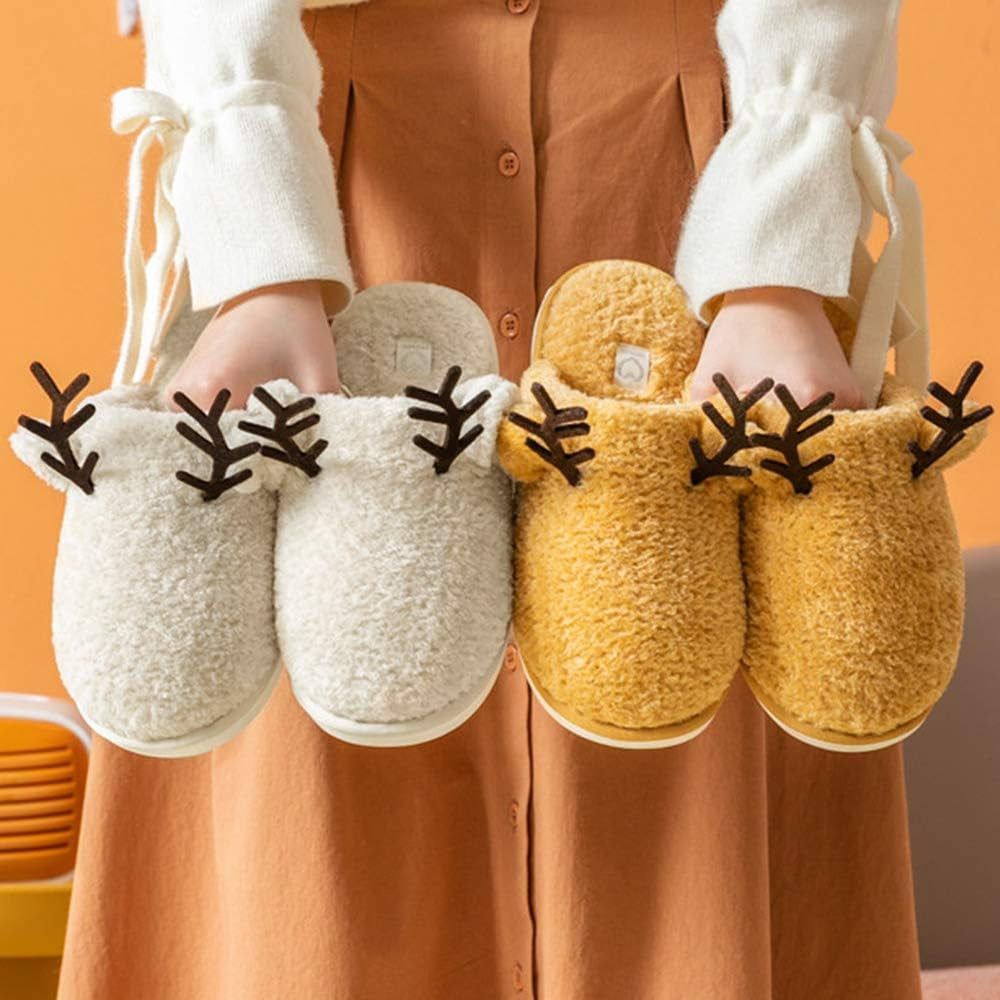 Women'S Cozy Fuzzy Fleece Slippers Memory Foam House Shoes Slide on Reindeer anti Slip Bedroom Slippers Indoor Outdoor