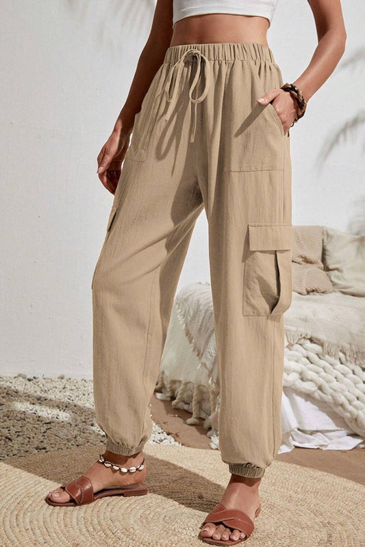 Pale Khaki Solid Color Pocket Cargo Pants