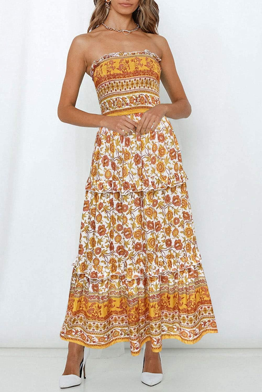 Women'S Summer Strapless Dress off Shoulder Sleeveless High Waist Solid Color Beach Long Dresses