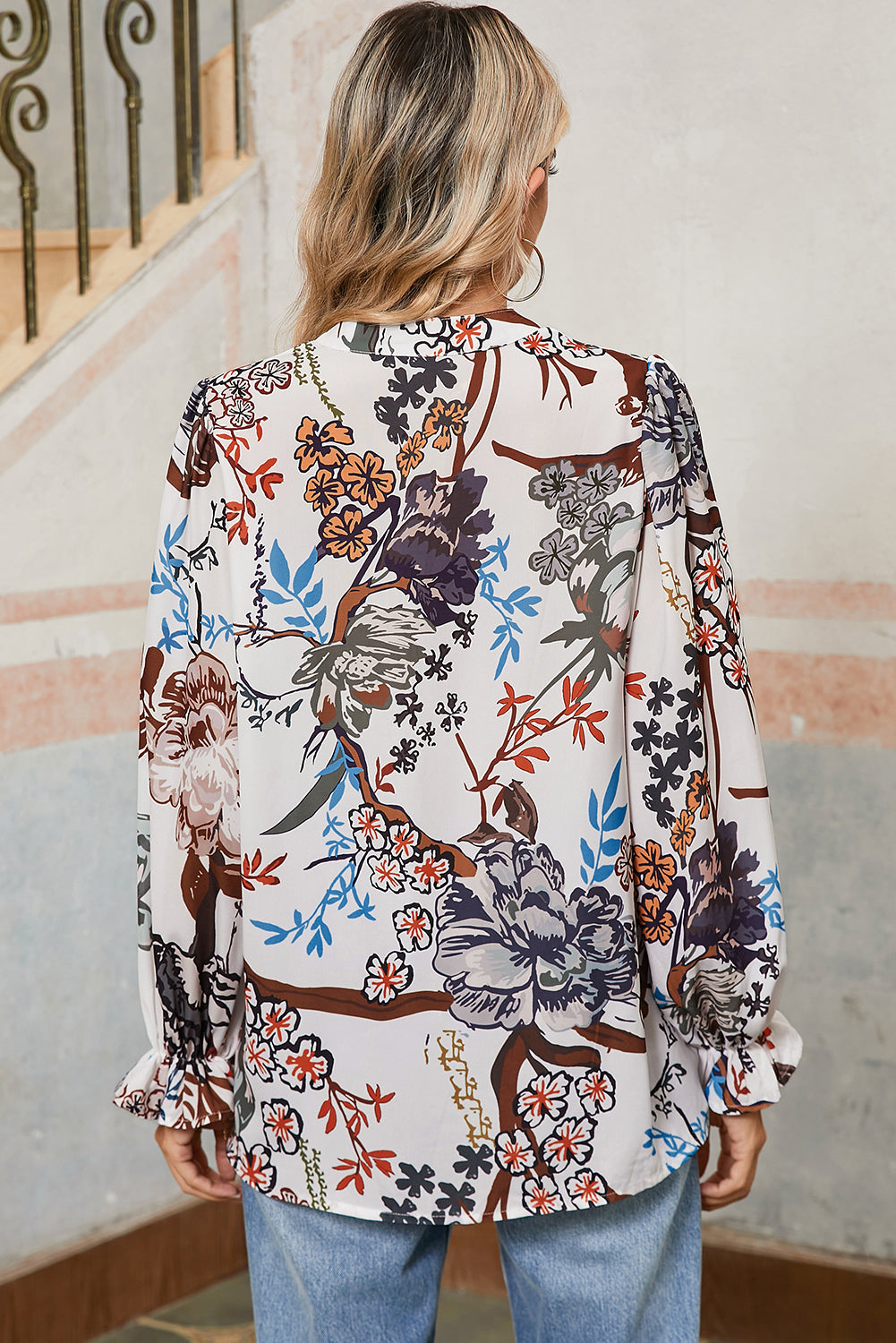 White Boho Print Lantern Sleeve V Neck Blouse