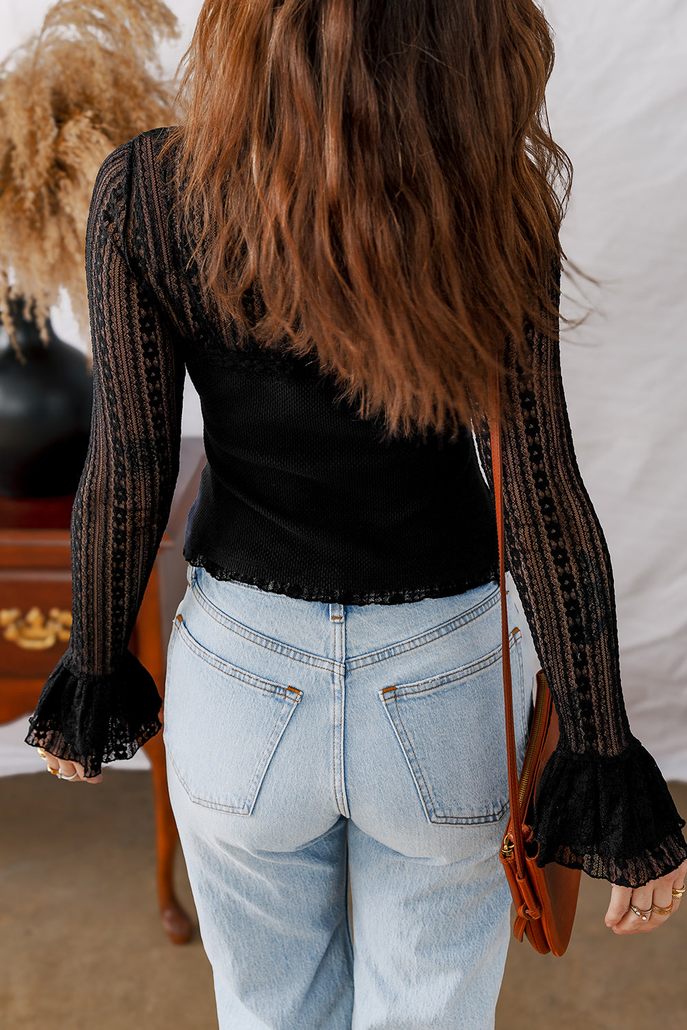 Black Floral Lace Patchwork Flounce Sleeve Slim Fit Top